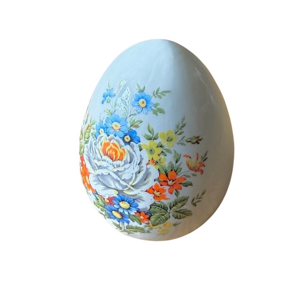 Avon Trinket Box Vintage Egg Shaped Floral Lidded Blue White Rose 4” 1980 decor
